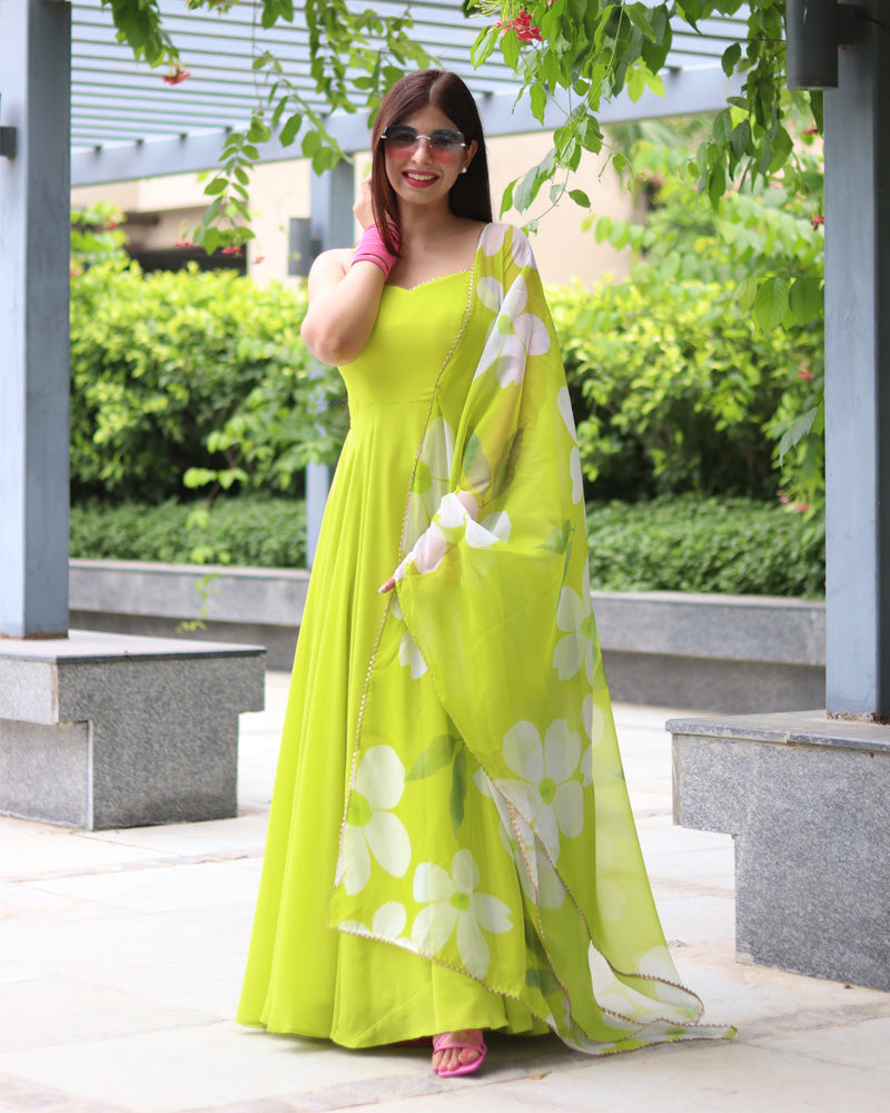 NEON COLOR SOFT GEORGETTE ANARKALI GOWN WITH FLORAL PRINTED DUPATTA –  Fashion Flux