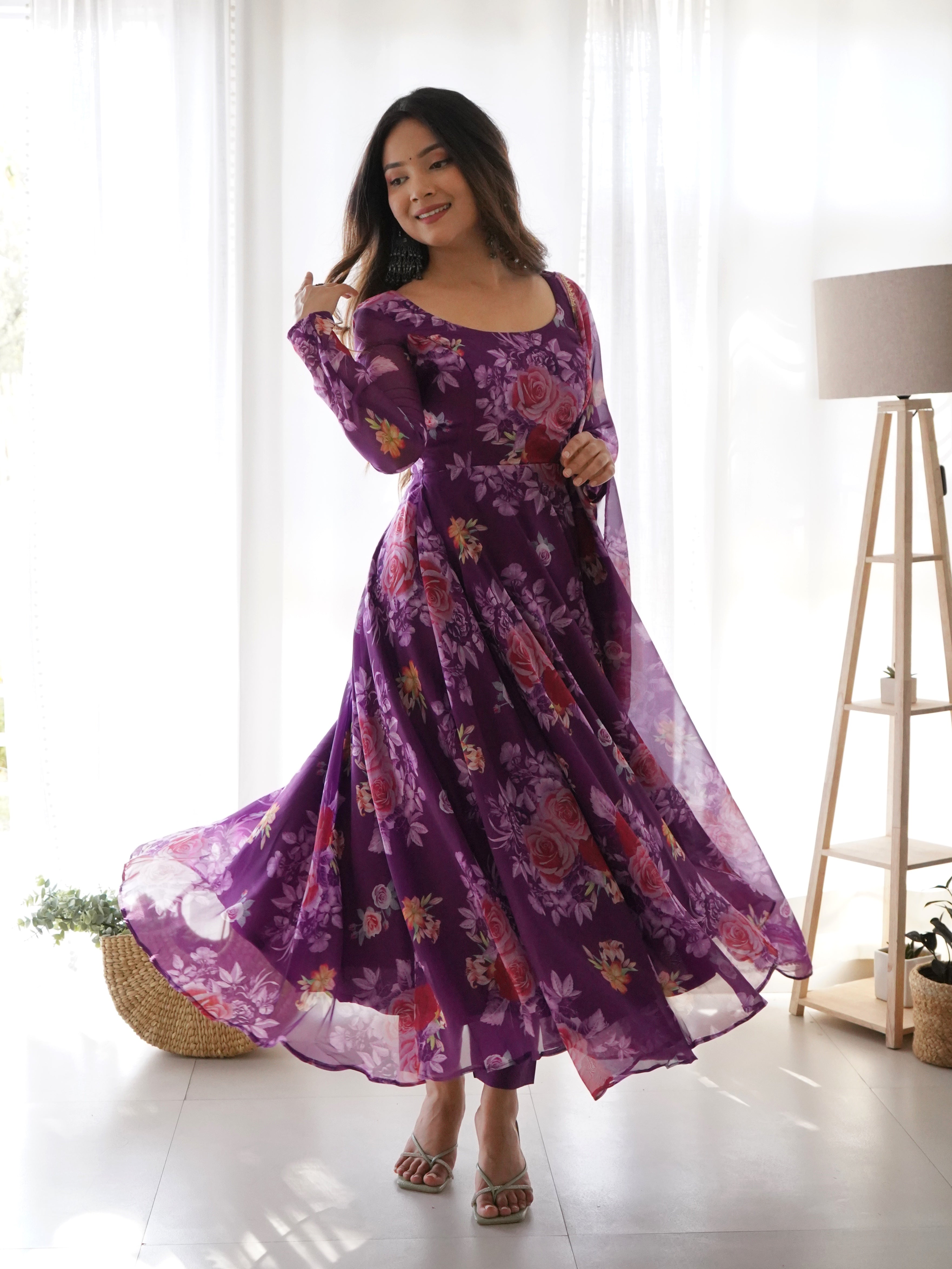 Beautiful Floral Frock Long Sleeve Party Dress One Piece Female Outfits