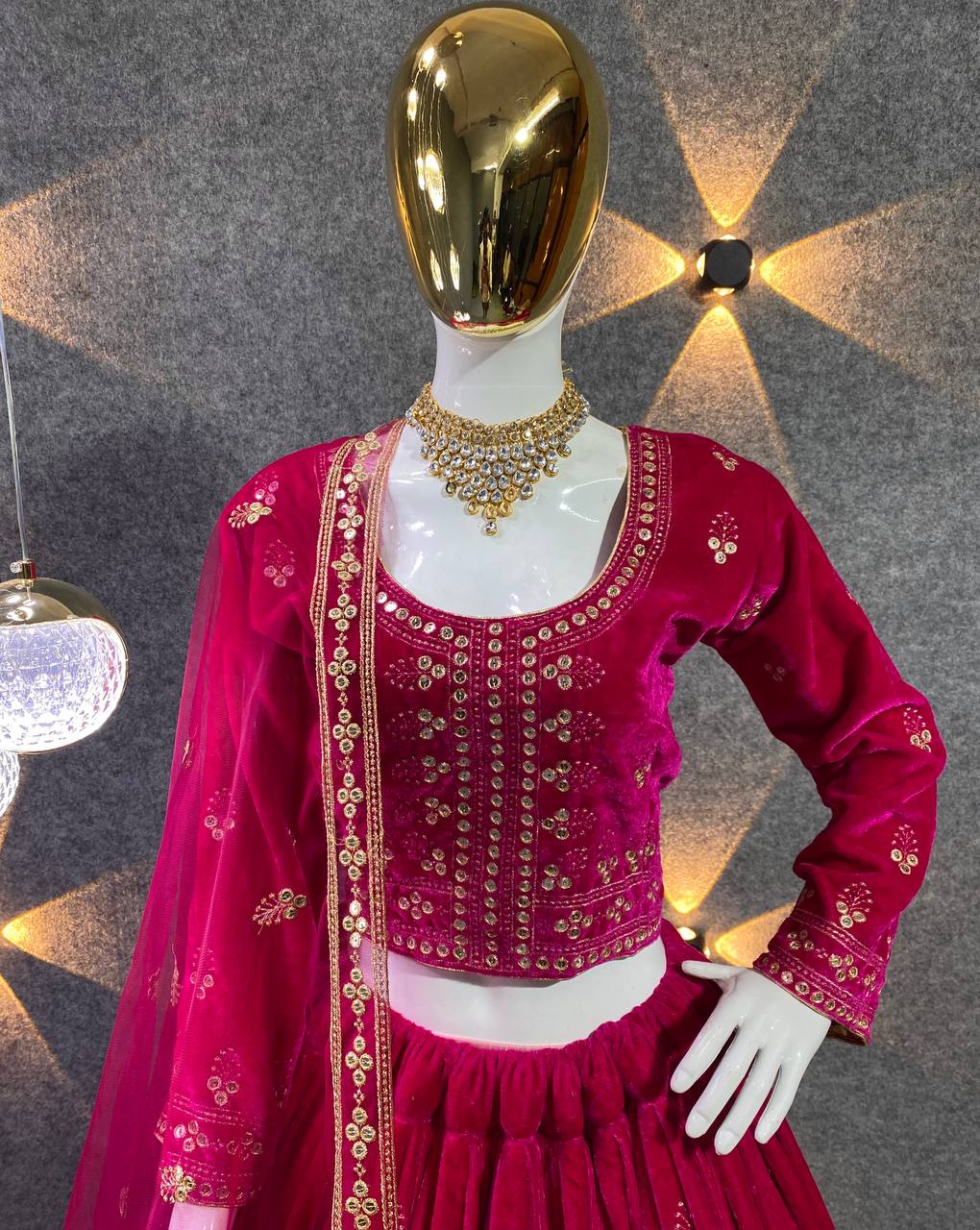 Velvet blouse with lurex tiered lehenga – Rina Dhaka