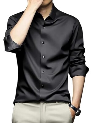 DEELMO Men's Stylish Solid Satin Casual Shirt for Men Full Sleeves